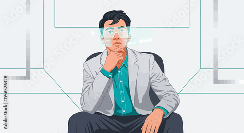 Thoughtful entrepreneur wearing augmented reality glasses contemplating future strategies