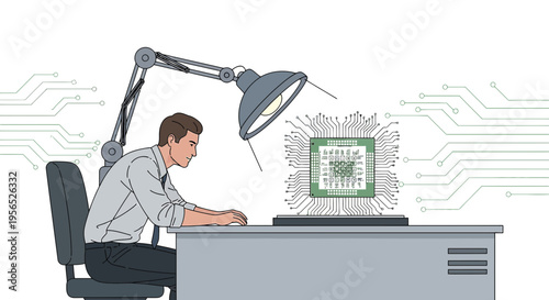 The modern workplace: Engineer scrutinizing a complex microchip under focused lighting in a