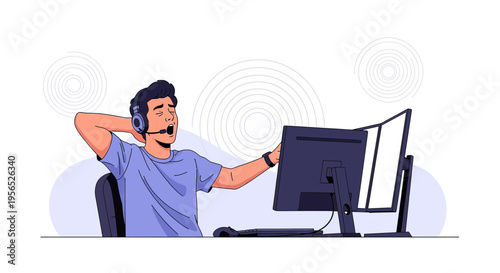 Tired gamer stretching during an online session with a multi-monitor setup displaying digital