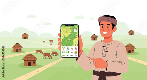 Traditional Farmer using agricultural technology on his smart device to improve farm management