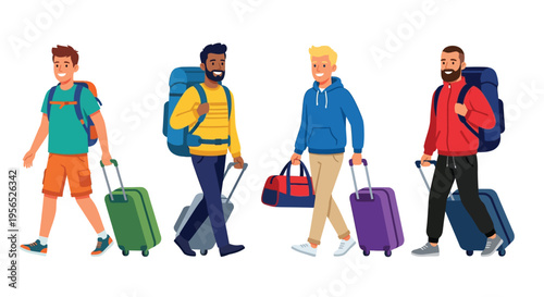 Four diverse men walking with luggage preparing for travel adventures