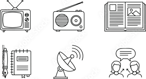 Vintage communication devices set flat lay illustration for technology evolution and media history
