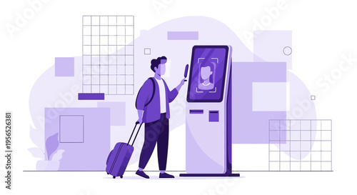 Traveler interacts with self service kiosk with facial recognition technology for quick access