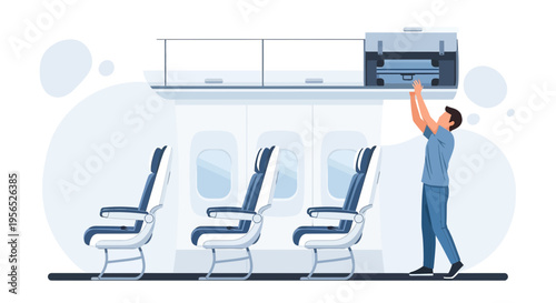 Traveler storing luggage in overhead compartment during a commercial airline flight