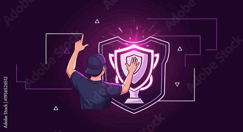 Triumphant gamer reaching for a neon trophy shield, celebrating digital victory in esports arena