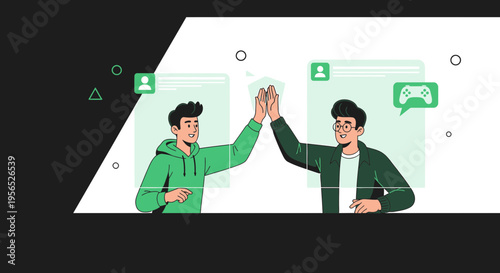 Two cheerful gamers giving a high-five in a digital world of shared victory and friendship