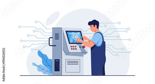 Technician operating a sophisticated machine with touch screen interface in factory setup