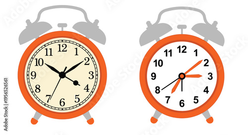 Two orange alarm clocks displaying different times on a white background