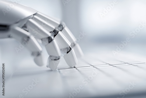 robotic hand interacting with computer keyboard in modern office workspace, human AI collaboration concept