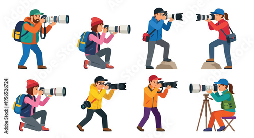 Diverse group of people enthusiastically photographing with professional cameras