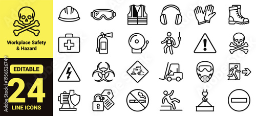 Workplace safety and hazard icon set featuring protective equipment, emergency tools, warning signs, compliance procedures, and accident prevention in modern