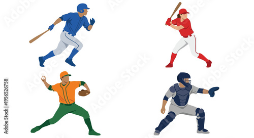 Baseball players in action a batter runner fielder and catcher