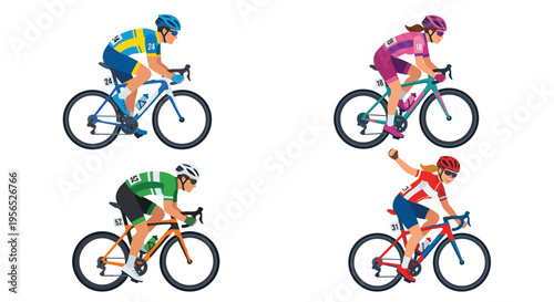 Illustration of four cyclists in colorful racing gear on bicycles