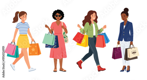 Four diverse women cheerfully walking while carrying shopping bags