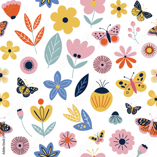 Whimsical Floral Design: A vibrant and colorful seamless pattern of flowers and butterflies, bringing a sense of joy and natural beauty.