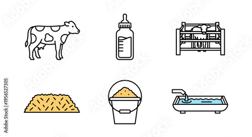 A collection of simple, stylized line icons depicting aspects of farm life and cattle care, including a dairy cow, baby bottle, cows in a feeding station, grain feed pile, feed bucket, and w