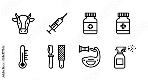 Minimalist black and white vector icons depicting livestock healthcare and veterinary medicine, including cow head, syringe, pills, thermometer, tools, and spray, in a clean, isolated compos
