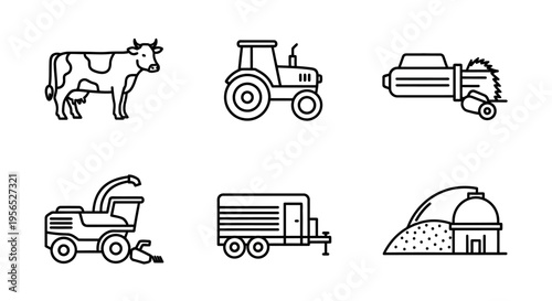 A collection of stylized, minimalist line art icons depicting various elements of farm life, including a dairy cow, a tractor, harvesting machine, trailer, and a silo, showcasing a modern ve