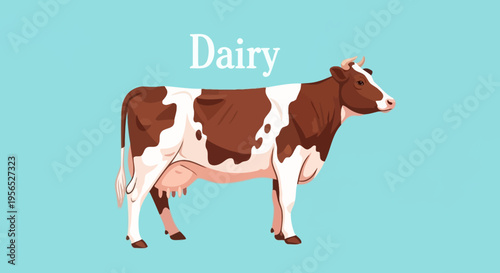 Illustration depicting a Holstein dairy cow standing on a blue background, a cartoonish and simplified representation used for educational purposes, product branding, or agricultural context