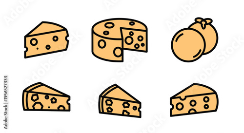 A stylized flat vector graphic collection showcasing various types of cheese, including wedges and wheels, presented in a minimalist, modern, and easily adaptable format for culinary and foo