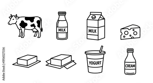 Minimalist black and white vector outline set showcasing a variety of dairy products and their source, including a cow, milk bottles, cartons, cheeses, butter, yogurt, and cream, perfect for