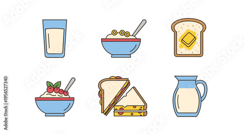 A vibrant and detailed flat design featuring a delightful array of breakfast essentials, including toast with butter, milk in a glass and jug, sandwich, and cereal to create a visual treat f