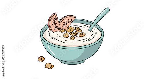A detailed, stylized vector graphic showcases a refreshing and healthy breakfast bowl filled with creamy yogurt, crunchy granola clusters, and delicate slices of a fresh fruit offering a vib