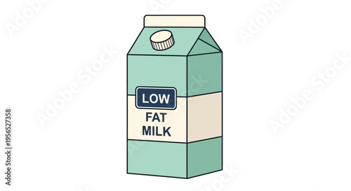 A vector graphic depiction of a light turquoise, geometric-style milk carton box, labeled "LOW FAT MILK", ready to be poured containing delicious dairy product, for healthy meal preparations
