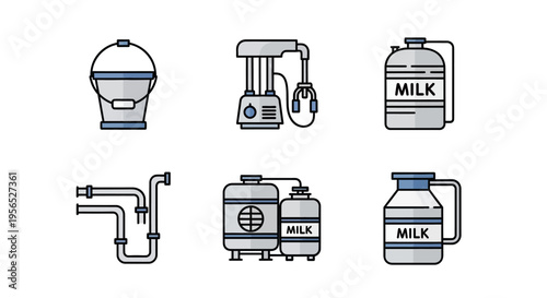 Set of vector drawings of dairy equipment and tools shown against a white background; bucket, milking machine, container, pipes, milk tanks, milk jug; outline design