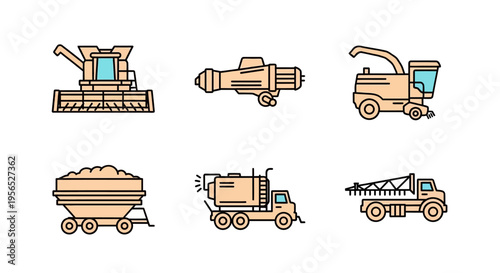 Set of six flat design farm vehicles and agriculture equipment in minimalistic style, featuring a combine harvester, sprayer, and fertilizer spreader on a white background.