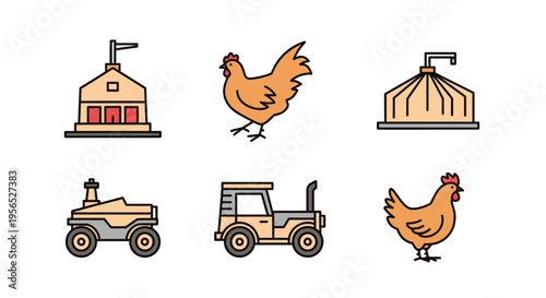 A collection of modern, minimalist icons depicting farm life, featuring a barn with a flag, a chicken in a walking pose, a silo, and two tractors, all set against a clean, white backdrop.