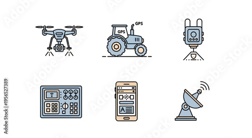 Minimalist vector set of modern agricultural technology icons, drone, tractor with GPS, surveying equipment, control panel, smartphone app, and satellite dish, for farming automation, high-t