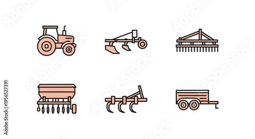 Minimalist vector set of various agricultural machinery including tractor, plows, and seeders presented in a flat design style against a transparent backdrop for versatile use.