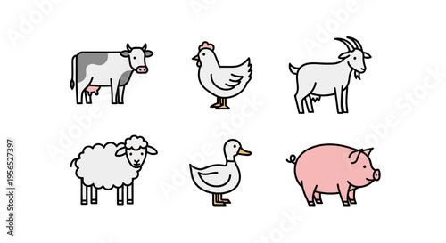 Minimalist vector set of six farm animals including cow, chicken, goat, sheep, duck and pig with a clean, modern outline design, suitable for educational resources and farm-themed projects.