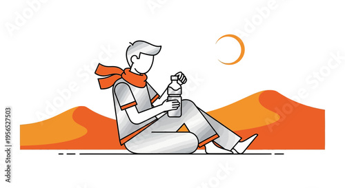 Stylized desert traveler hydration break flat design graphic illustration with a modern aesthetic