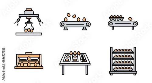 Industrial Egg Processing Icon Set Flat design featuring poultry farm equipment, depicting automated sorting, grading, and packaging of fresh eggs for distribution, showing modern agricultur