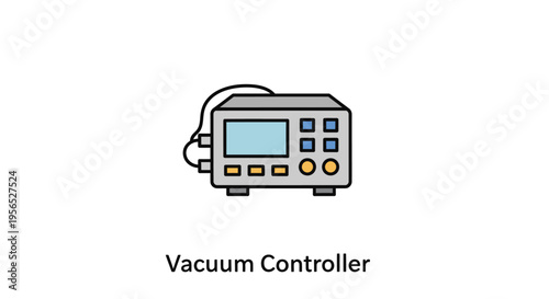 Minimalistic and colorful flat design icon of a vacuum controller device with buttons, knobs, and a screen, used for industrial and laboratory purposes, isolated on a white background, conce