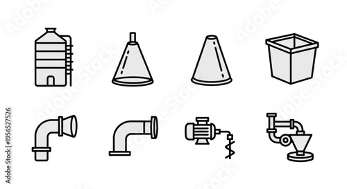 A detailed, monochrome line art collection showcasing diverse industrial equipment and components, encompassing tanks, funnels, pipes, pumps, and square containers for visual representation 