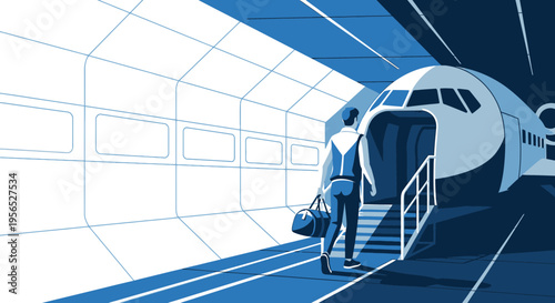 Stylized illustration of a passenger boarding an airplane via stairs at airport