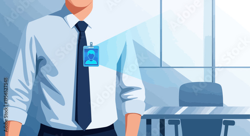Stylized illustration of a professional man wearing an identification badge in corporate setting