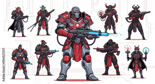 Stylized fantasy warriors with futuristic weapons, clad in armor and poised for battle scenarios