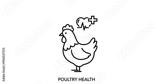 A detailed minimalistic vector outline of a healthy chicken with a medical heart symbol over its head depicts poultry health and well-being focused on agricultural animal care.