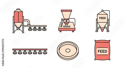 Minimalist vector set of industrial farming objects, shown in a simple cartoon style, including feed silos, grain grinder, feeding trough, and a bag of livestock feed for agriculture and ani