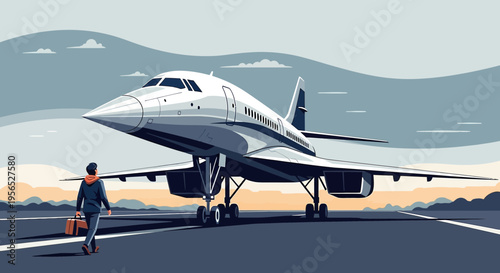 Stylized supersonic transport and a traveler standing on the tarmac anticipating flight