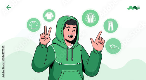 Stylized vector illustration featuring a young man browsing clothing options with an interactive