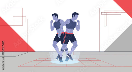 Synchronized physical conditioning routine, illustrated with sporty silhouettes on geometric