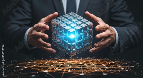 Businessman manipulating a glowing holographic cube structure composed of smaller blocks demonstrating big data processing and complex network management capabilities