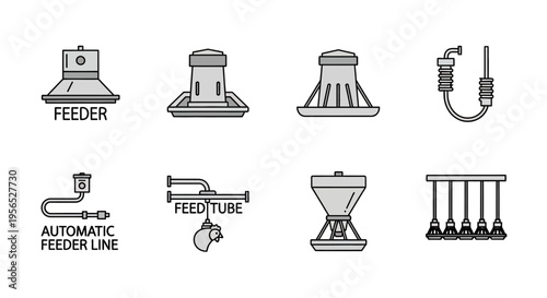 A detailed collection of various chicken or poultry farm feeding equipment rendered in a clean, minimalist line art style, showcasing feeders, feed tubes, and automatic feeding systems withi