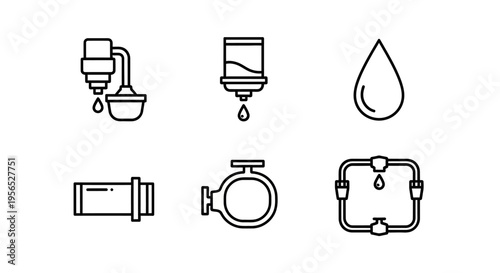 Minimalist black and white line art vector icons representing water-related elements, including dispensers, droplets, pipes, valves, and a closed system for conceptual design and infographic