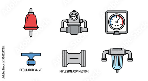 A vector set of various industrial equipment and mechanical components, including a regulator valve, pressure sensor, water filter, and other pipeline connectors, depicted in a modern, flat-